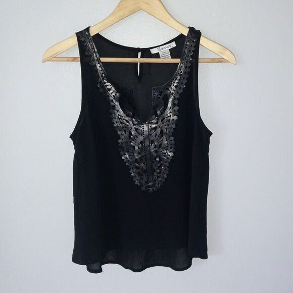 Swoon Small Sheer Black Tank-Faux Leather Trim-Keyhole Back-Flowy-Grunge-Goth - Picture 1 of 6